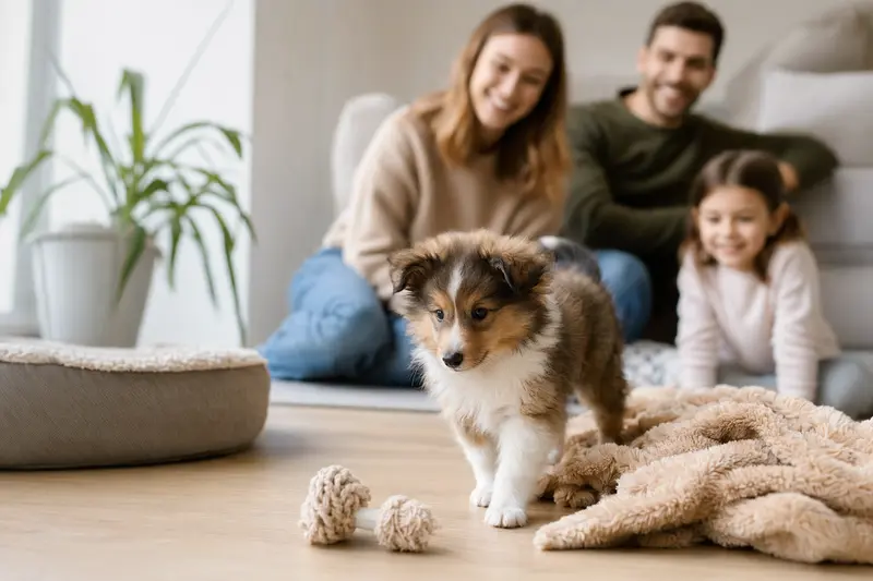 Ein junger Sheltie-Welpe entdeckt neugierig sein neues Zuhause mit weicher Decke und Spielzeug in einer hellen Wohnung.