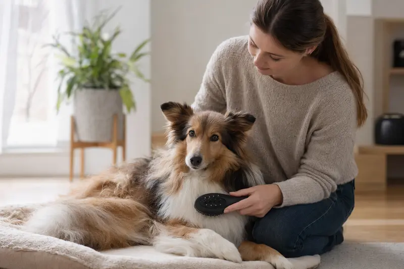 Ein Shetland Sheepdog wird zuhause von seinem Besitzer sanft gebürstet und gepflegt.