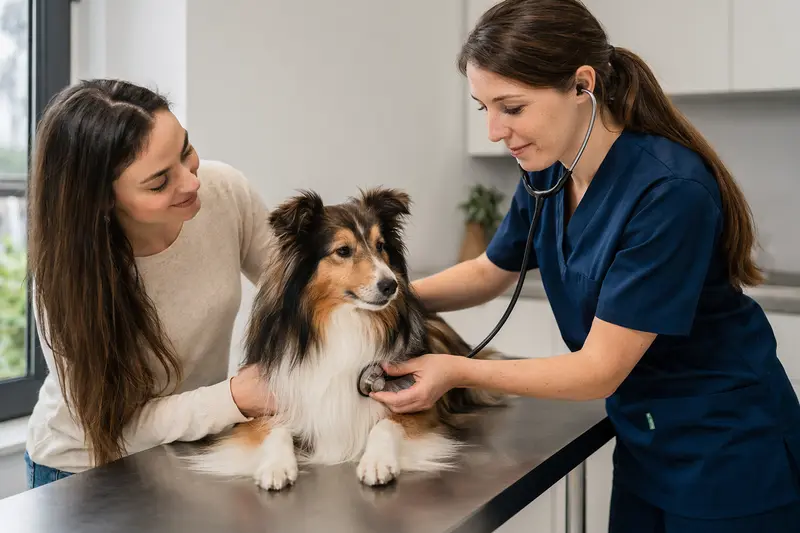 Ein ruhiger Shetland Sheepdog wird in einer modernen Tierarztpraxis behutsam mit einem Stethoskop untersucht, während der Besitzer beruhigend danebensteht.