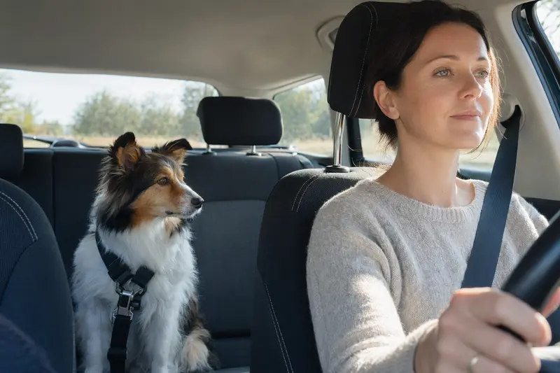 Ein Shetland Sheepdog sitzt sicher angeschnallt auf der Rückbank eines Autos und symbolisiert verantwortungsvollen Hundetransport.