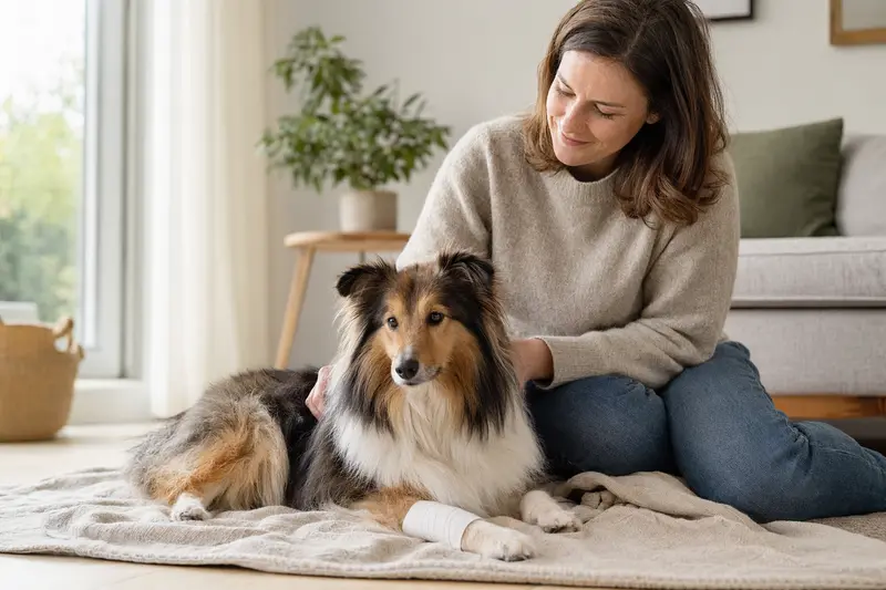 Ein Shetland Sheepdog mit leicht bandagierter Pfote liegt ruhig auf einer Decke, während sein Besitzer erleichtert daneben sitzt.