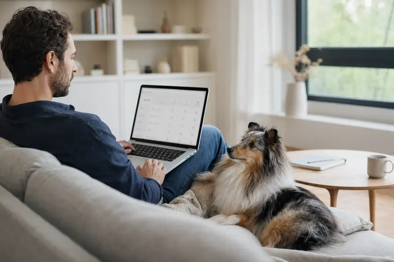 Ein Hundebesitzer sitzt mit einem Laptop auf dem Sofa, während ein Shetland Sheepdog an seiner Seite liegt und eine Versicherungsvergleichs-Oberfläche zeigt.
