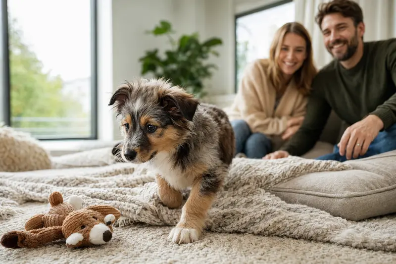 Ein junger Shetland Sheepdog Welpe entdeckt neugierig sein neues Zuhause auf einer weichen Decke mit Spielzeug im Vordergrund, während seine Familie im Hintergrund zu sehen ist.