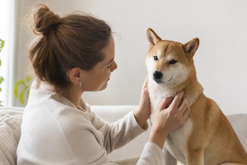 Ein aufmerksamer Shiba Inu steht in natürlicher Haltung vor hellem Hintergrund und zeigt die typische Fellstruktur der Rasse.