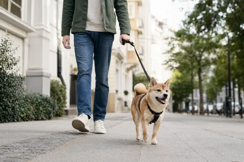 Ein Shiba Inu läuft an der Leine mit seinem Besitzer durch eine moderne Stadtstraße in natürlichem Licht.