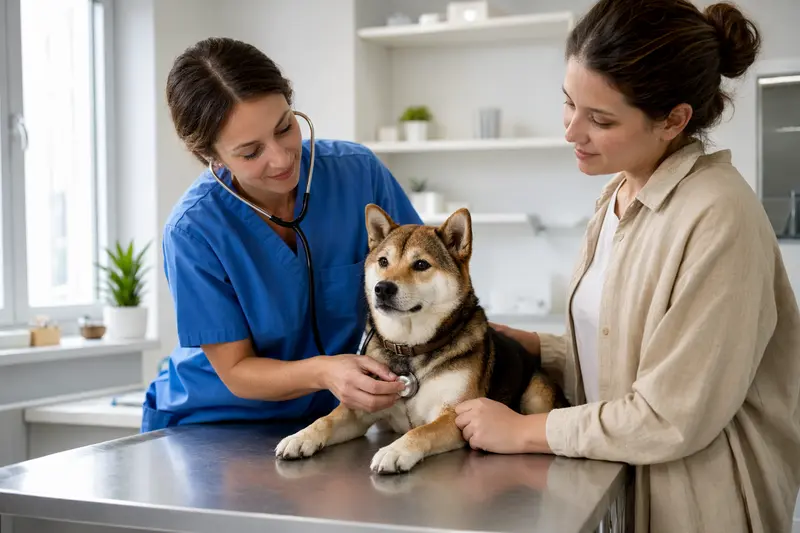 Eine Tierärztin untersucht einen ruhigen Shiba Inu mit dem Stethoskop, während der Besitzer in einer modernen Tierarztpraxis beruhigend danebensteht.