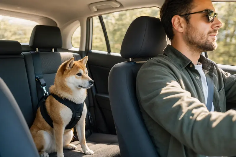 Ein Shiba Inu sitzt sicher angeschnallt auf der Rückbank eines Autos, während der Besitzer ruhig fährt und Sonnenlicht durch das Fenster fällt.