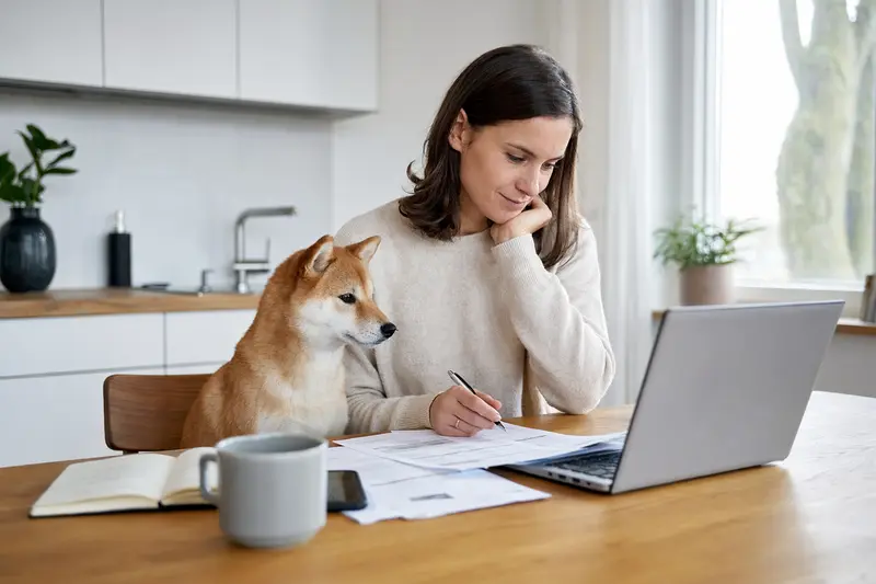 Shiba Inu sitzt ruhig neben seinem Besitzer am Küchentisch mit Versicherungsunterlagen und einem Laptop zur Tierkrankenversicherung.