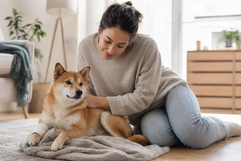 Ein Shiba Inu mit leicht verbundenem Verband an der Pfote liegt ruhig auf einer Decke neben seinem erleichterten Besitzer in einer hellen Wohnung.