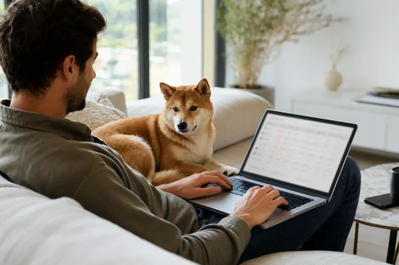 Ein Hundebesitzer sitzt mit einem Shiba Inu auf dem Sofa und vergleicht Tierversicherungen am Laptop.