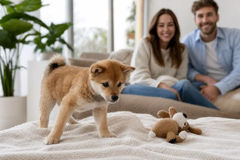 Ein junger Shiba Inu Welpe erkundet neugierig sein neues Zuhause auf einer weichen Decke zwischen Spielzeug und einer liebevollen Familie im Hintergrund.