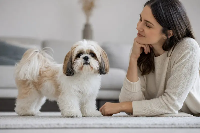 Ein aufmerksamer Shih Tzu steht in natürlicher Haltung vor hellem Hintergrund als realistisches Hundeportrait.