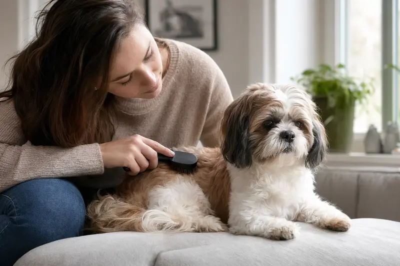 Ein Shih Tzu wird in einer hellen Wohnung liebevoll gebürstet, was die regelmäßige Fellpflege beim Hund zeigt.