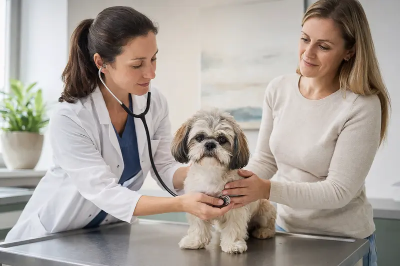 Eine Tierärztin untersucht einen ruhigen Shih Tzu auf dem Untersuchungstisch, während der Besitzer beruhigend danebensteht.