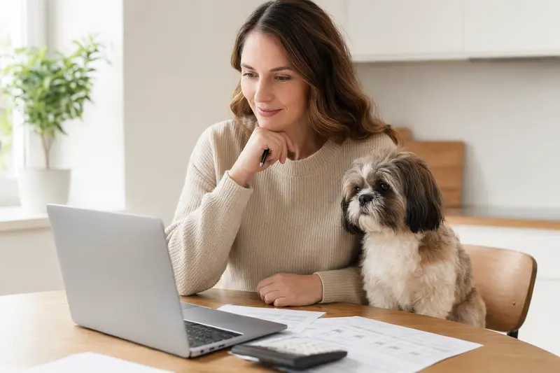 Ein Shih Tzu sitzt ruhig neben seinem Besitzer am Küchentisch, während Versicherungsunterlagen und ein Laptop mit einer Vergleichsseite die Tierkrankenversicherung veranschaulichen.
