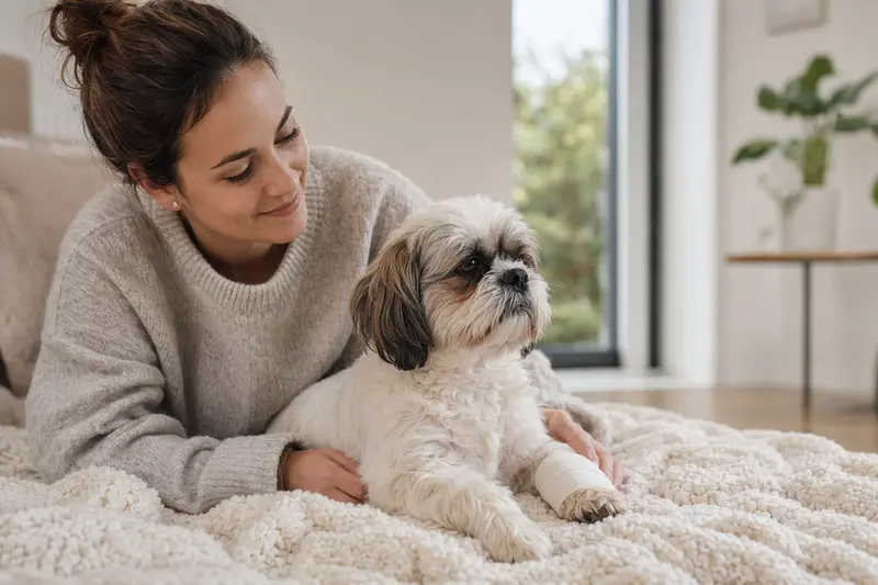Ein Shih Tzu mit leichtem Verband an der Pfote liegt ruhig auf einer Decke, während sein Besitzer neben ihm erleichtert sitzt.