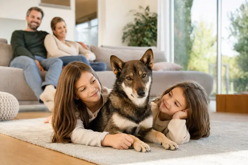 Ein Shikoku Hund liegt entspannt neben einem Kind im hellen Wohnzimmer, während die Eltern im Hintergrund stehen und eine sichere Familienatmosphäre entsteht.