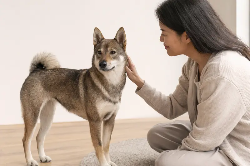 Shikoku Hund in natürlicher Haltung vor hellem Hintergrund als realistisches Tierportrait mit klaren Details.