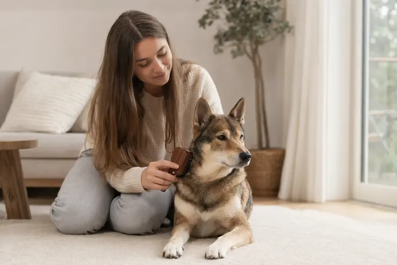 Ein Shikoku Hund wird in einer hellen Wohnung liebevoll gebürstet und gepflegt.