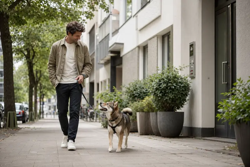 Ein Shikoku Hund läuft an der Leine mit seinem Besitzer durch eine freundliche moderne Stadtstraße.