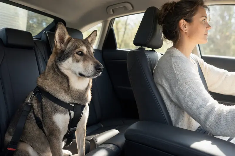 Ein sicher angeschnallter Shikoku Hund sitzt auf der Rückbank eines Autos, während der Besitzer ruhig fährt und Sonnenlicht durch das Fenster fällt.