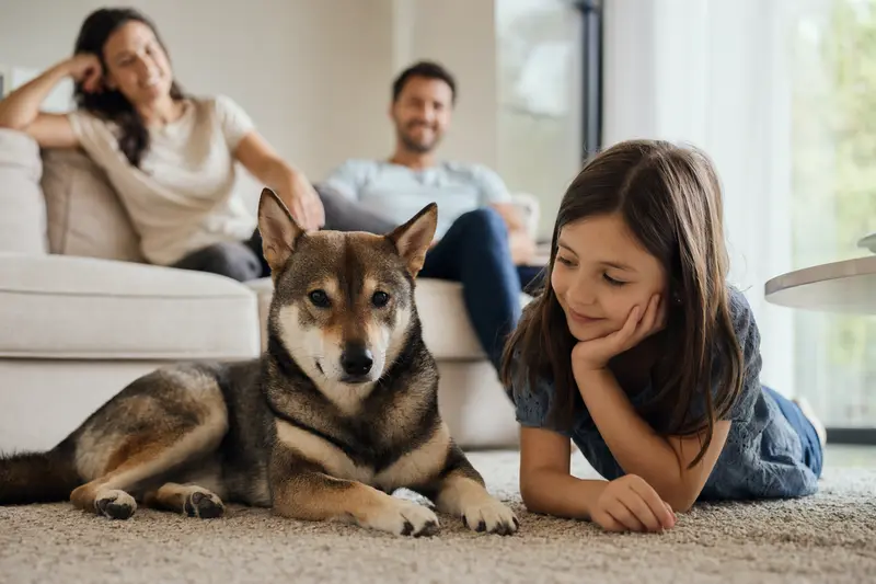 Ein Shikoku Inu Hund liegt entspannt neben einem Kind im Wohnzimmer, während die Eltern im Hintergrund eine warme und sichere Familienatmosphäre schaffen.