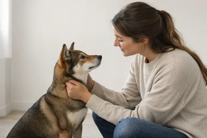 Shikoku Inu Hund in aufmerksamer Haltung vor hellem Hintergrund als realistisches Tierportrait.