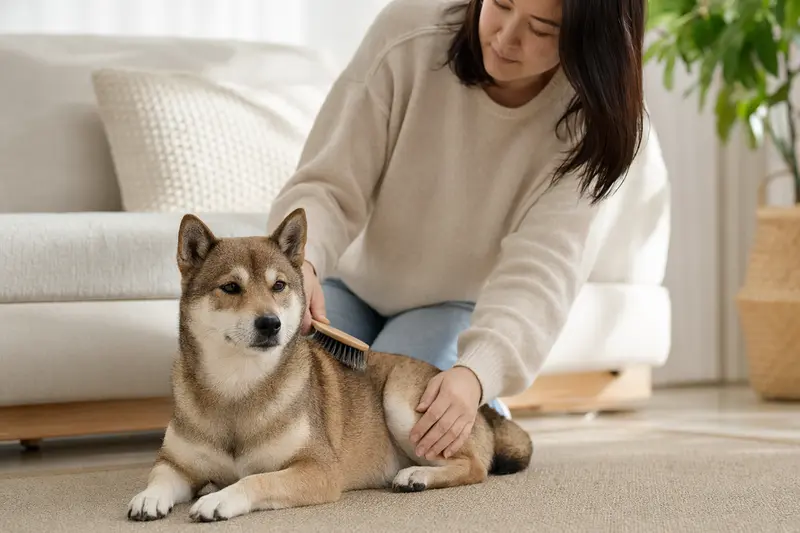 Ein Shikoku Inu Hund wird in einer hellen Wohnung sanft gebürstet und liebevoll gepflegt.