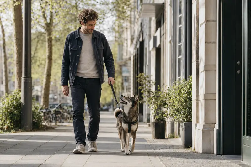 Ein Shikoku Inu läuft an der Leine mit seinem Besitzer durch eine saubere moderne Stadtstraße.