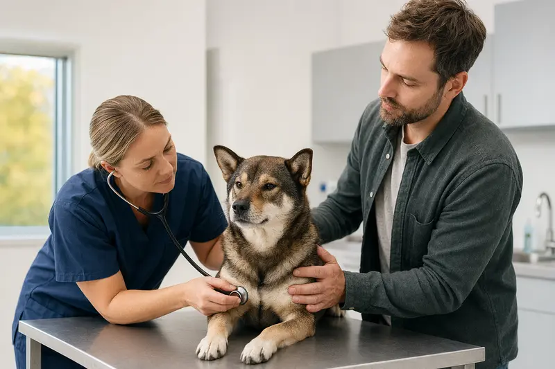 Shikoku Inu wird in einer modernen Tierarztpraxis behutsam mit dem Stethoskop untersucht, während der Besitzer beruhigend daneben steht.