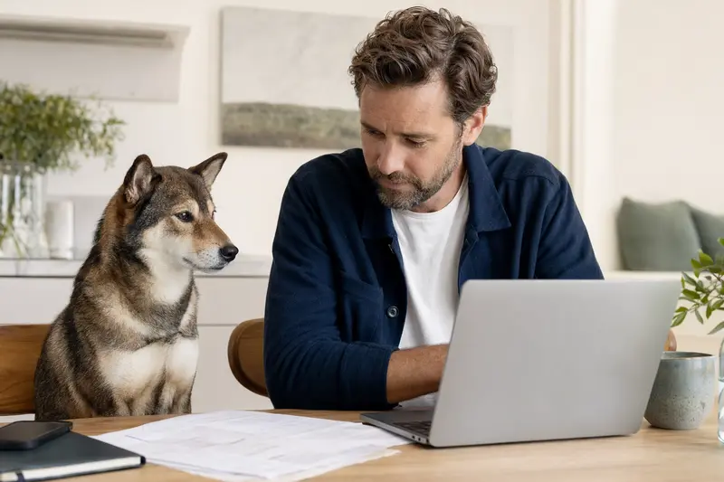 Ein Shikoku Inu sitzt ruhig neben seinem Besitzer am Küchentisch mit Versicherungsunterlagen und Laptop zur Hundeversicherung.