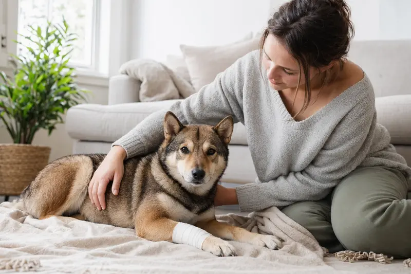 Ein Shikoku Inu mit leicht verbundenem Pfötchen liegt ruhig auf einer Decke, während sein Besitzer neben ihm erleichtert sitzt – ein realistisches Bild zur Hundegesundheit.