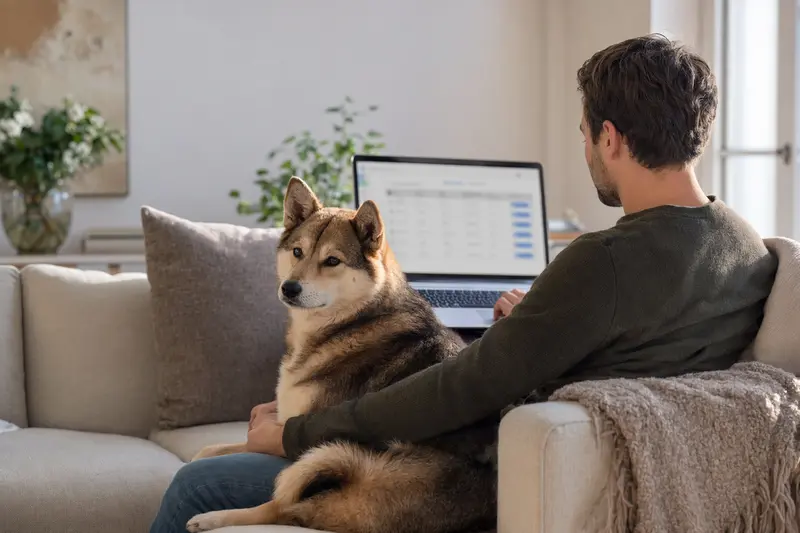 Ein Hundebesitzer sitzt mit einem Shikoku Inu auf dem Sofa und vergleicht Versicherungen auf seinem Laptop.