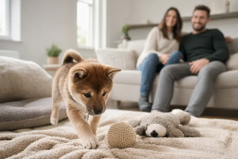 Ein junger Shikoku Inu Welpe erkundet neugierig sein neues Zuhause mit weicher Decke und Spielzeug in einer hellen Wohnung.
