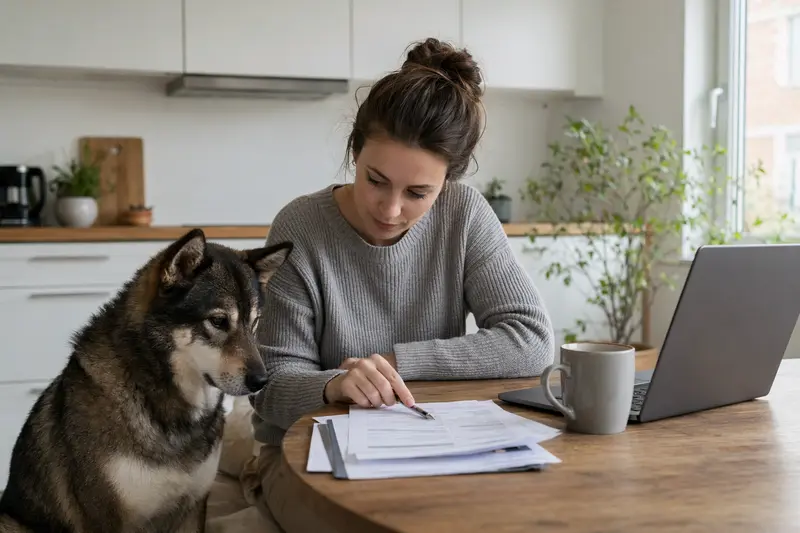 Shikoku Hund sitzt ruhig neben seinem Besitzer am Küchentisch mit Versicherungsunterlagen und einem Laptop zur Tierkrankenversicherung.