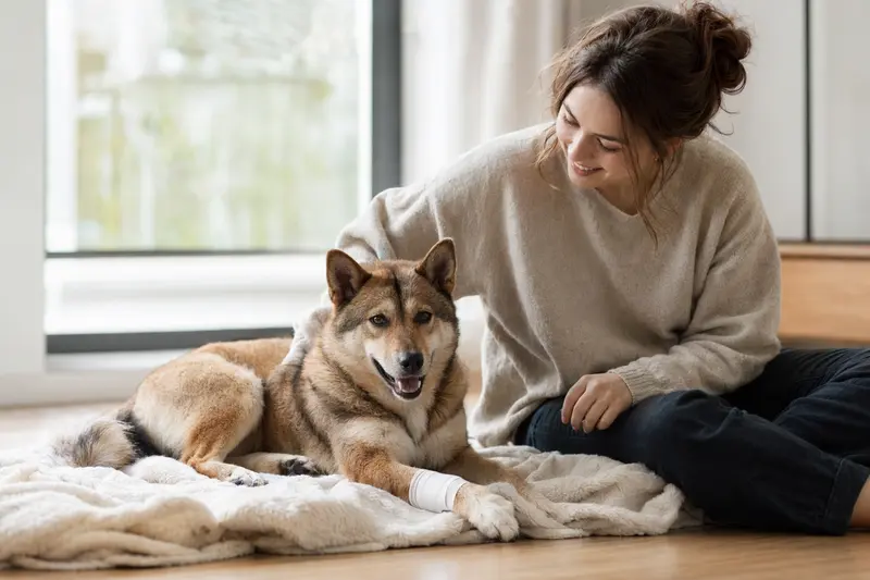 Shikoku Hund mit leicht verbundenem Pfotenverletzung liegt ruhig auf einer Decke, während sein Besitzer neben ihm sitzt und erleichtert wirkt.