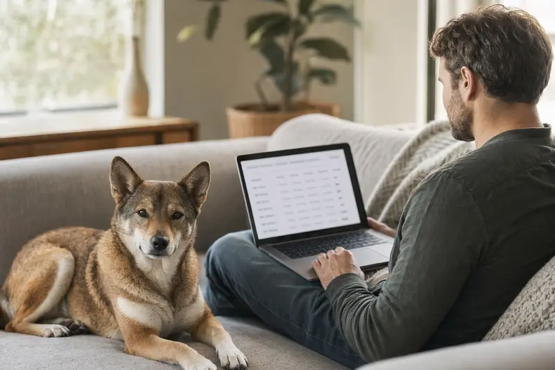 Ein Hundebesitzer sitzt entspannt auf dem Sofa mit einem Laptop, während ein Shikoku neben ihm liegt.