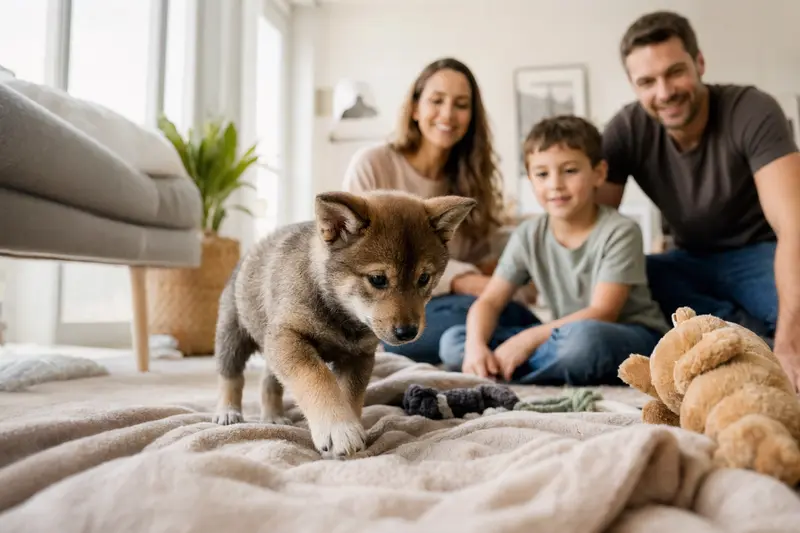 Ein junger Shikoku-Welpe erkundet neugierig sein neues Zuhause in einer hellen Wohnung mit weicher Decke und Spielzeug.