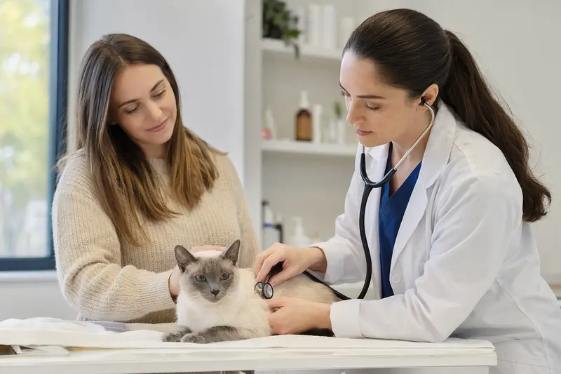 Eine ruhige Siamkatze auf einem Untersuchungstisch in einer modernen Tierarztpraxis, während eine freundliche Tierärztin sie mit einem Stethoskop untersucht.