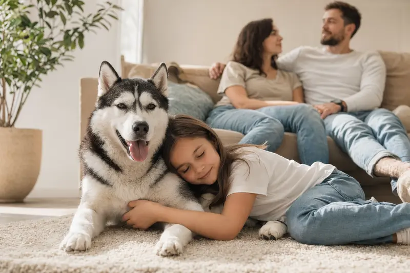 Ein freundlicher Siberian Husky liegt entspannt neben einem Kind im hellen Wohnzimmer mit den Eltern im Hintergrund, passend zum Thema Hundekrankenversicherung.