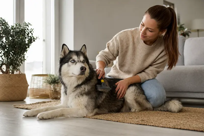 Ein Siberian Husky wird in einer hellen Wohnung liebevoll gebürstet, was die wichtige Fellpflege und verantwortungsvolle Hundegesundheit zeigt.