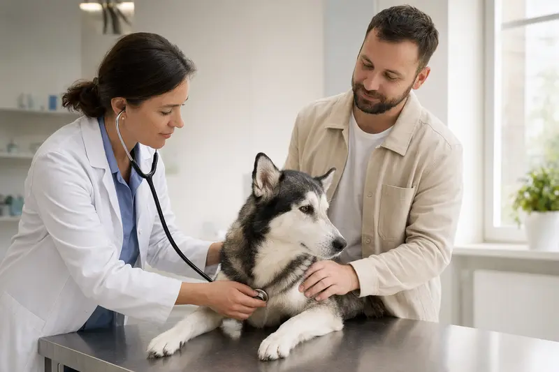 Ein ruhiger Siberian Husky wird in einer modernen Tierarztpraxis behutsam mit dem Stethoskop untersucht, während die Besitzerin beruhigend danebensteht.
