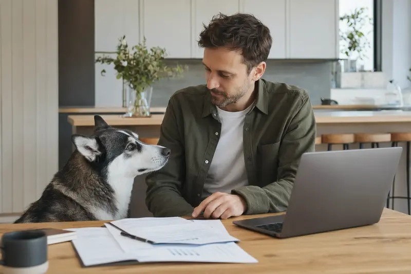 Ein Siberian Husky sitzt ruhig neben seinem Besitzer am Küchentisch, während Versicherungsunterlagen und ein Laptop mit einer Vergleichsseite sichtbar sind.