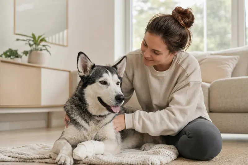 Ein Siberian Husky mit leichtem Verband an der Pfote liegt ruhig auf einer Decke neben seinem erleichterten Besitzer.