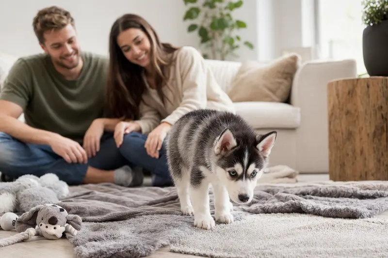 Junger Siberian Husky Welpe entdeckt neugierig sein neues Zuhause auf einer weichen Decke in einer hellen Wohnung.