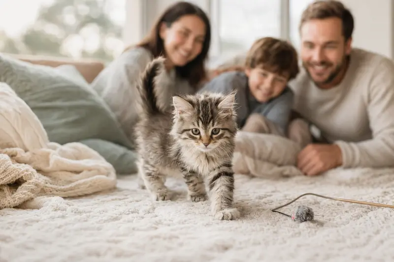 Ein neugieriges Sibirisches Katzenkitten entdeckt sein neues Zuhause mit einer weichen Decke und Spielzeug.