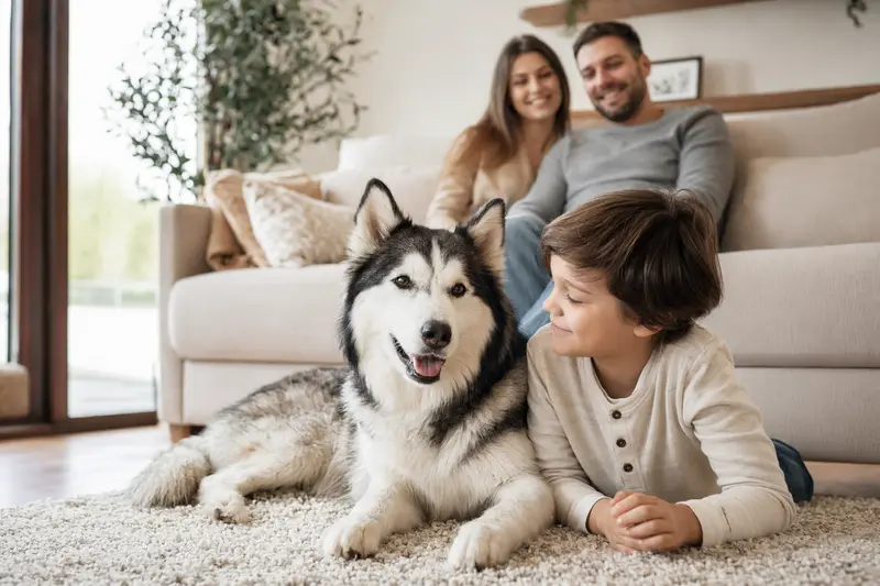 Ein freundlicher Sibirischer Husky liegt entspannt neben einem Kind im hellen Wohnzimmer, während die Eltern im Hintergrund eine sichere Familienatmosphäre schaffen.
