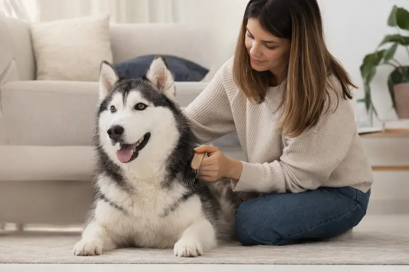 Ein Sibirischer Husky wird zuhause sanft gebürstet, während der Besitzer die Fellpflege liebevoll übernimmt.