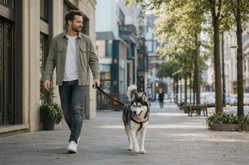 Ein Sibirischer Husky läuft an der Leine mit seinem Besitzer durch eine moderne Stadtstraße.