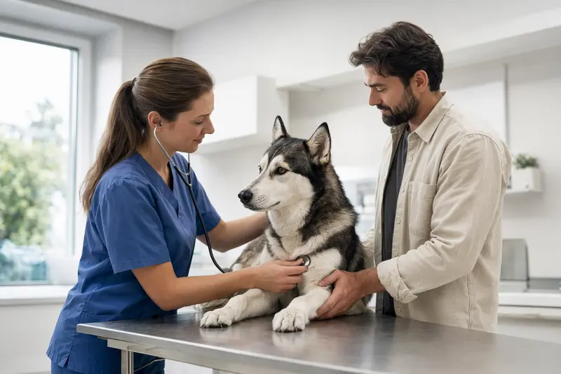 Ein ruhiger Sibirischer Husky auf einem Untersuchungstisch, während eine freundliche Tierärztin ihn mit einem Stethoskop untersucht.